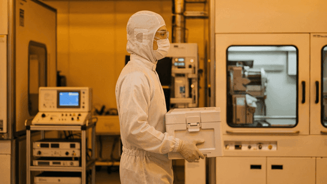 Technician in a cleanroom carrying equipment