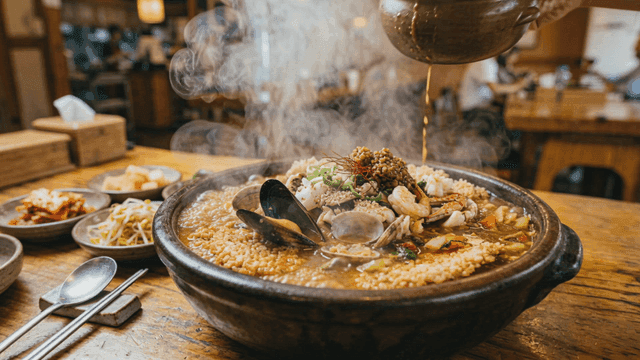 Seafood soybean paste scorched rice stew served at restaurants