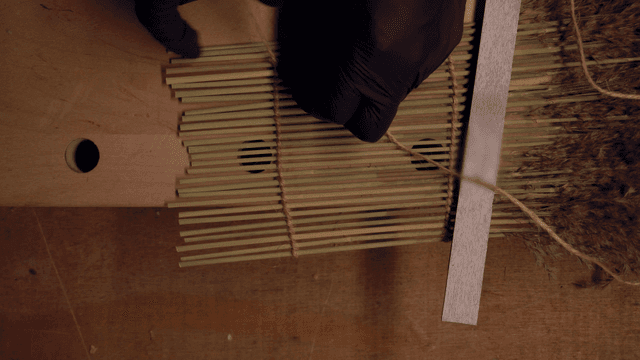 손으로 갈대를 끈으로 묶는 모습