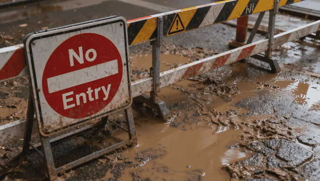 진입 금지 표지판이 있는 진흙길