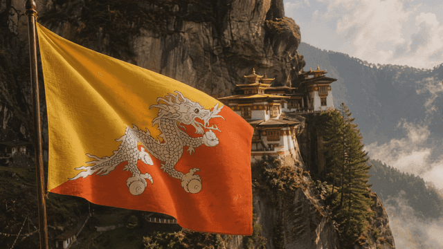 Bhutanese flag fluttering near monastery next to cliff
