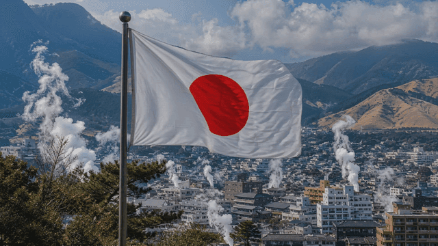 Japanese flag waving over a cityscape