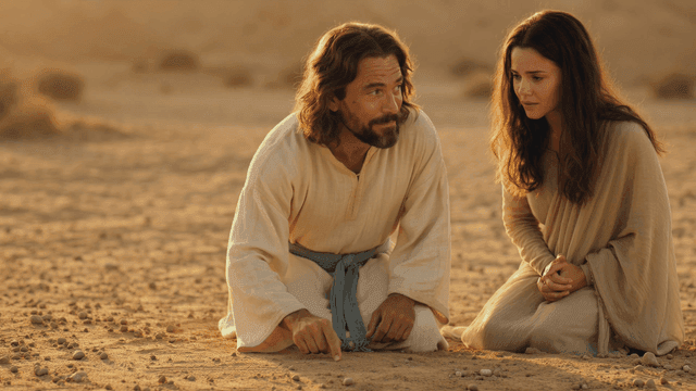 Jesus drawing in sand in desert