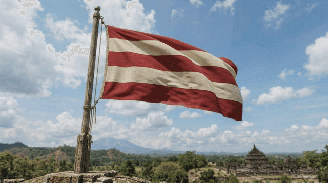 Majapahit Empire flag fluttering near ancient temple