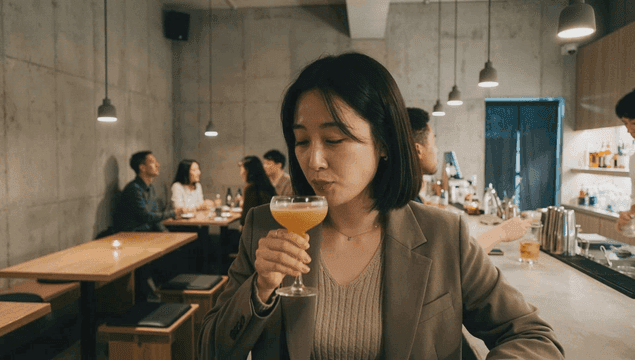 Woman drinking cocktail at bar