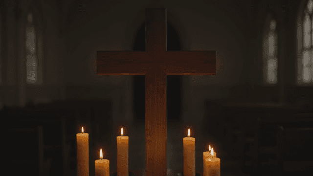 Candles lit in a dimly lit church