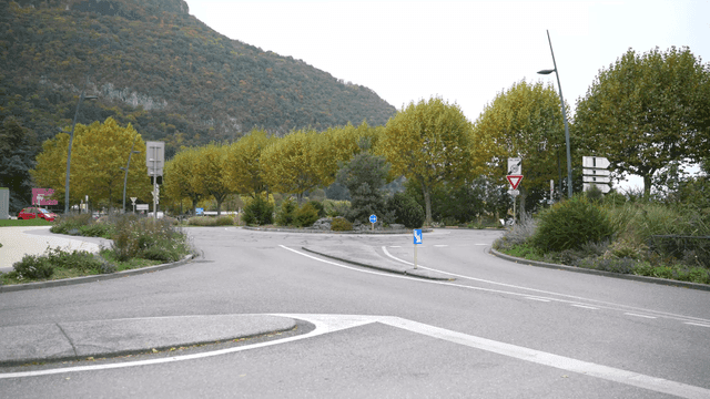 Quiet rotary road with trees and mountains