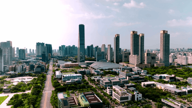 Modern city skyline with tall buildings