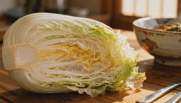 테이블 위의 신선한 배추와 국그릇
