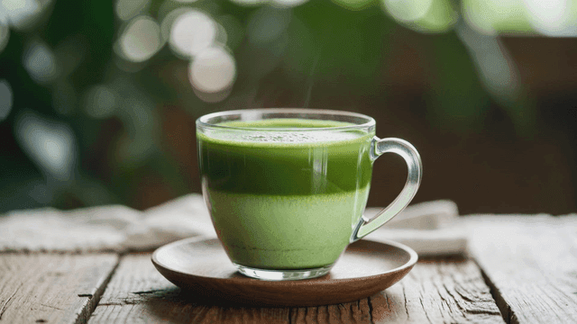 나무 테이블 위에 김이 나는 녹차 한 잔