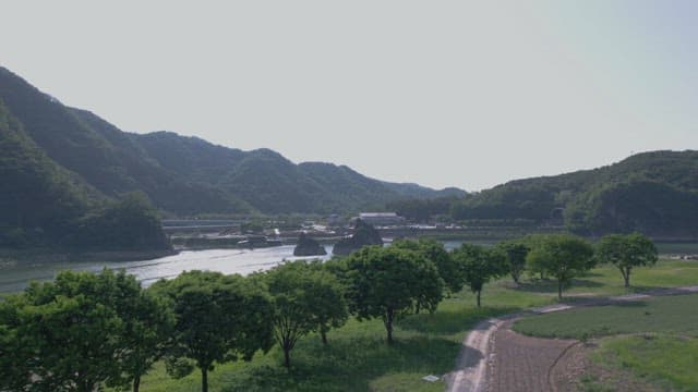 푸른 식생과 바위가 있는 경치 좋은 강 전망