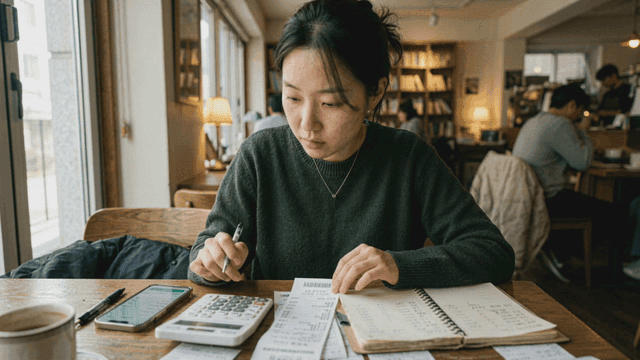 Woman organizing receipts at cafe