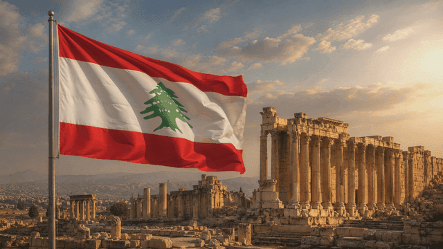 Lebanese flag waving near ancient ruins