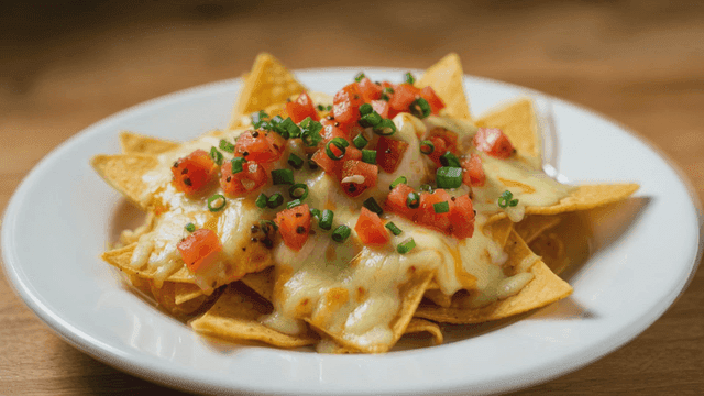 Plate of nachos topped with cheese and vegetables.
