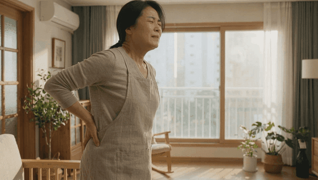 실내에서 허리 통증을 겪는 여성