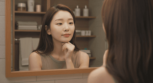거울 속 자신의 모습을 바라보는 여성
