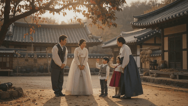 Family greeting each other while wearing traditional hanbok during holidays