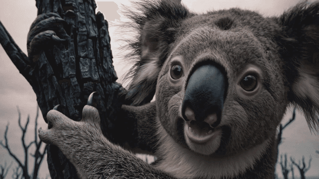 A koala climbing a tree in a barren forest