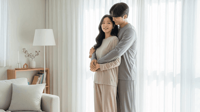 아늑한 거실에서 백허그하는 커플