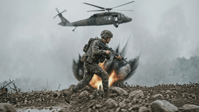 Soldier running amidst explosions and helicopter