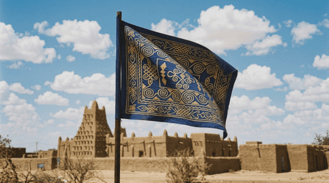 Flags waving in front of historical buildings