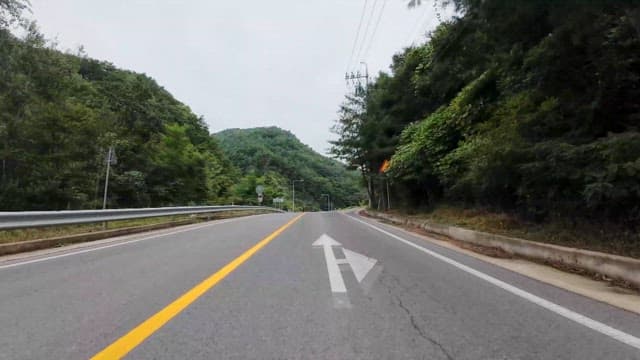 Road through lush green mountains and tunnel