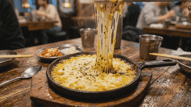Corn cheese served on hot plate at restaurant