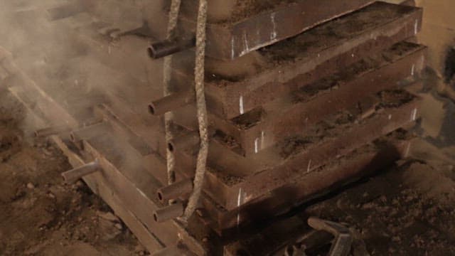 Workers handling hot metal in a factory