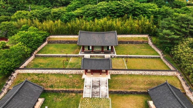한국 전통 한옥과 광활한 도시