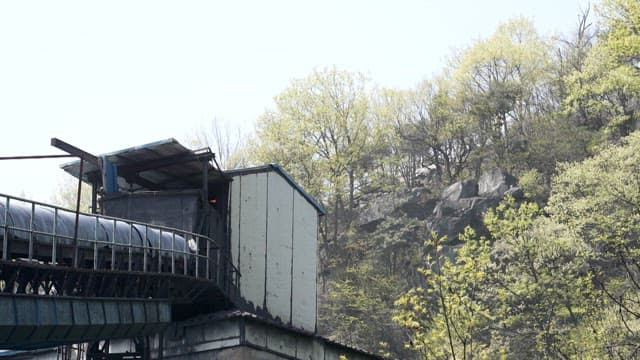 Industrial conveyor belt next to a sunny forested hill