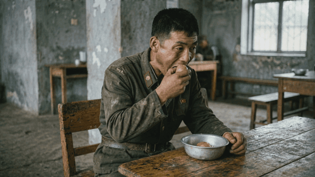 Man in North Korean military uniform eating potato