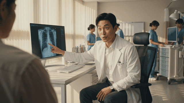 Doctor explains chest X-ray results to patient