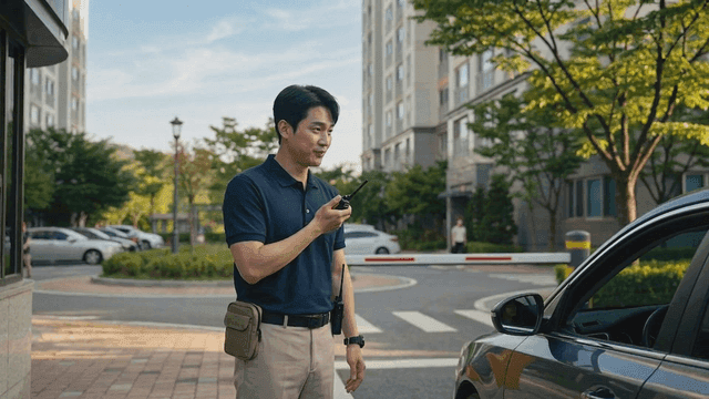 Security guard controlling traffic in front of apartment barrier