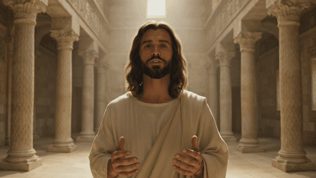 Robed Jesus standing in large chapel