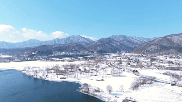 Snow-covered mountains and village