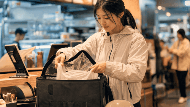 식당에서 음식을 포장하는 여성