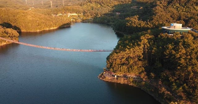 Suspension bridge over a serene lake