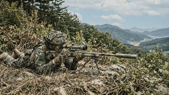 Camouflaged sniper soldier in forest