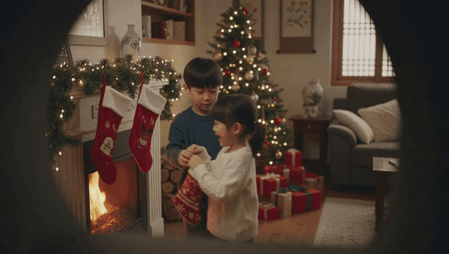 벽난로에 양말을 걸고 있는 아이들