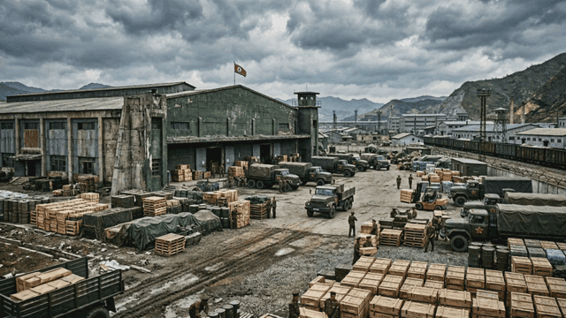 North Korean military base with trucks and boxes