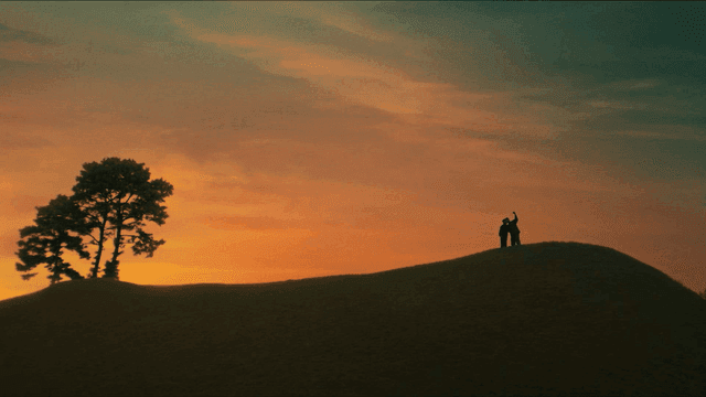 Sunset behind silhouette of couple affectionately taking selfie on hill