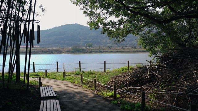 Serene riverside path with bamboo chimes and lush greenery