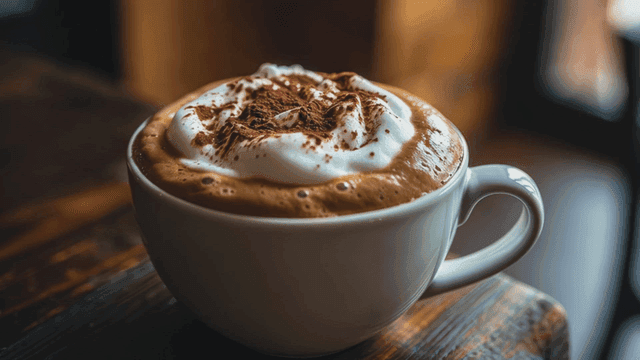 휘핑크림이 올려진 카푸치노 한 잔