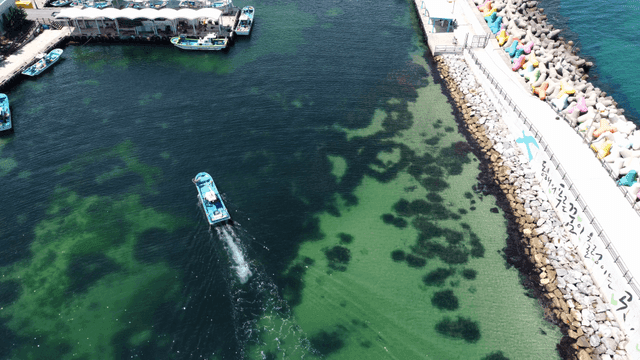알록달록한 방파제 근처를 항해하는 배