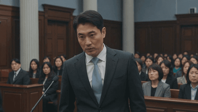 참관인들이 가득한 법정에서 선서하는 남성