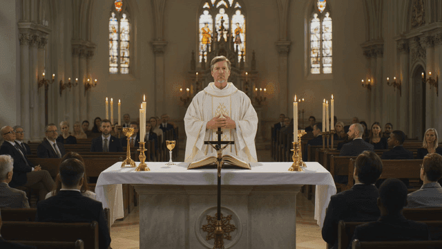 White priest celebrating Mass at church