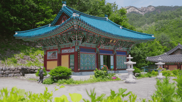 산을 배경으로 한 전통 한국 절과 입장하는 여성