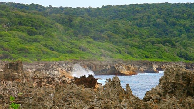 Rugged rocks with waves crashing ashore