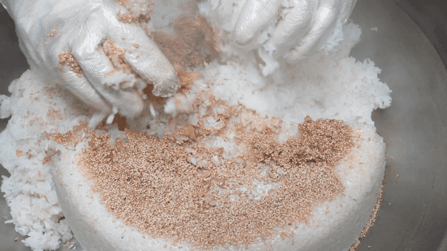 Mixing sesame seeds and rice in bowl