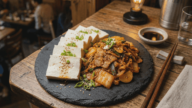 Tofu and fried kimchi on table